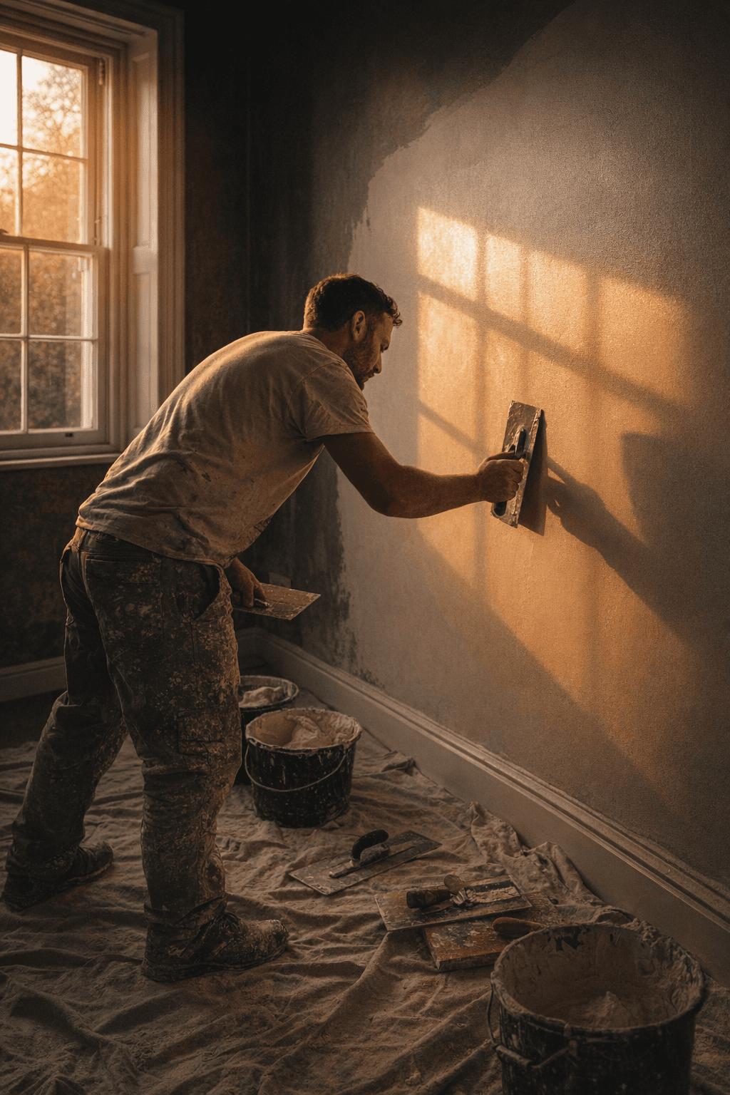 Norfolk plasterer finishing a smooth interior wall in a period cottage with golden afternoon light from a sash window