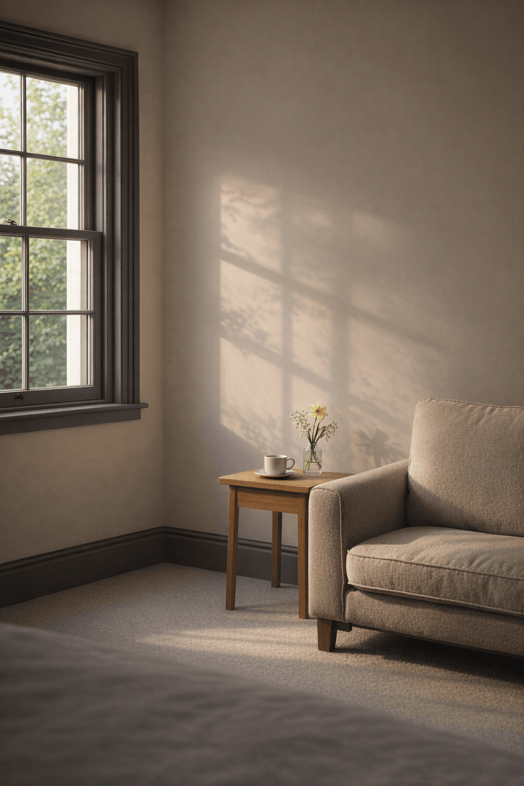 A beautifully decorated Norfolk living room with smooth freshly painted walls, warm morning light, and a cosy armchair by the window