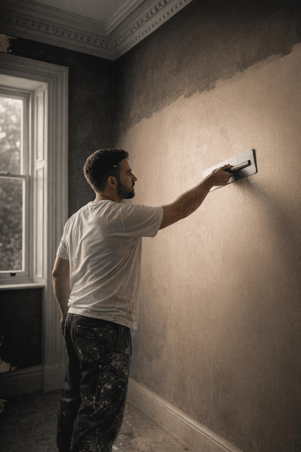 A skilled plasterer applying a fresh skim coat to a period Norfolk property wall, morning light catching the smooth wet surface