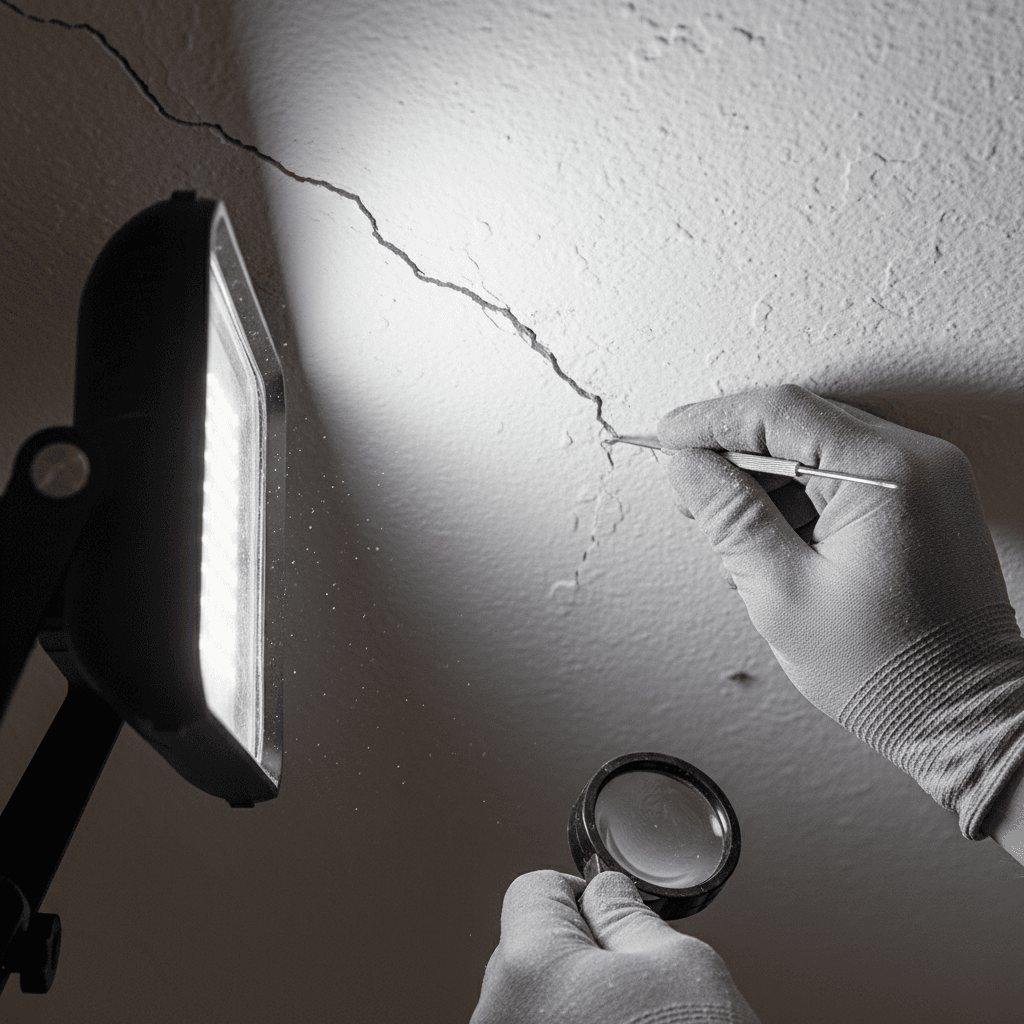 Close-up of hands examining a hairline crack in a plaster ceiling with a work light