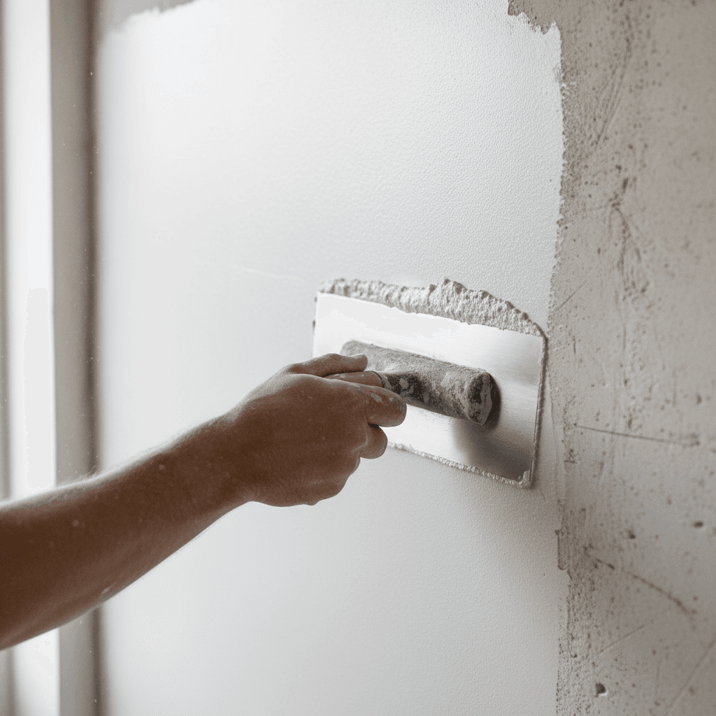 Plasterer's trowel smoothing fresh plaster on a wall