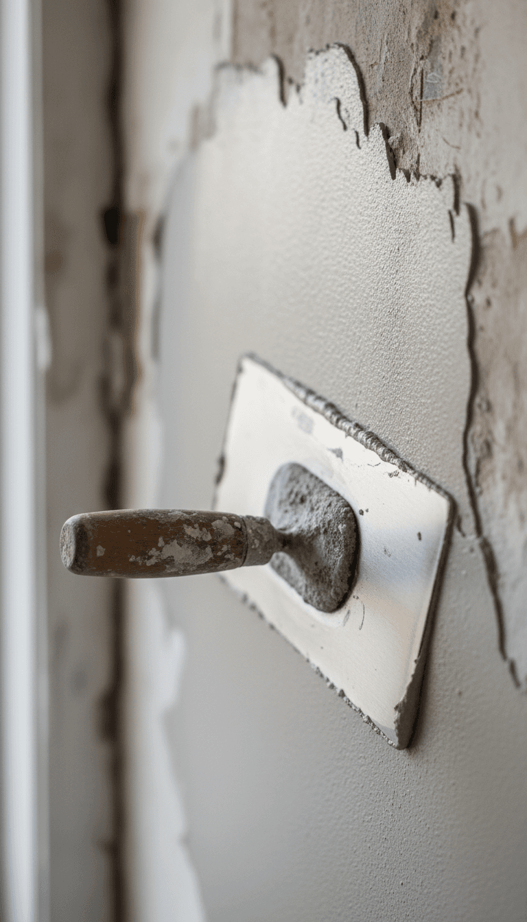 Close-up of a plasterer's trowel smoothing fresh plaster onto a cracked wall