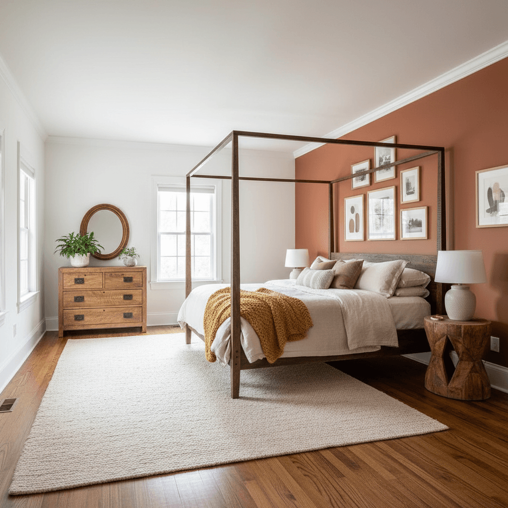 Completed bedroom with terracotta feature wall