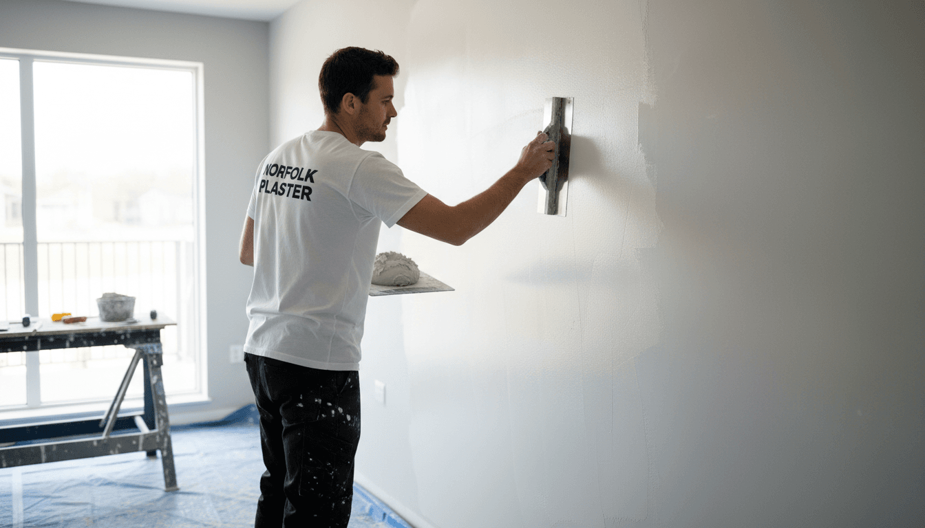 Plasterer in black trousers and white T-shirt applying a skim coat on a wall