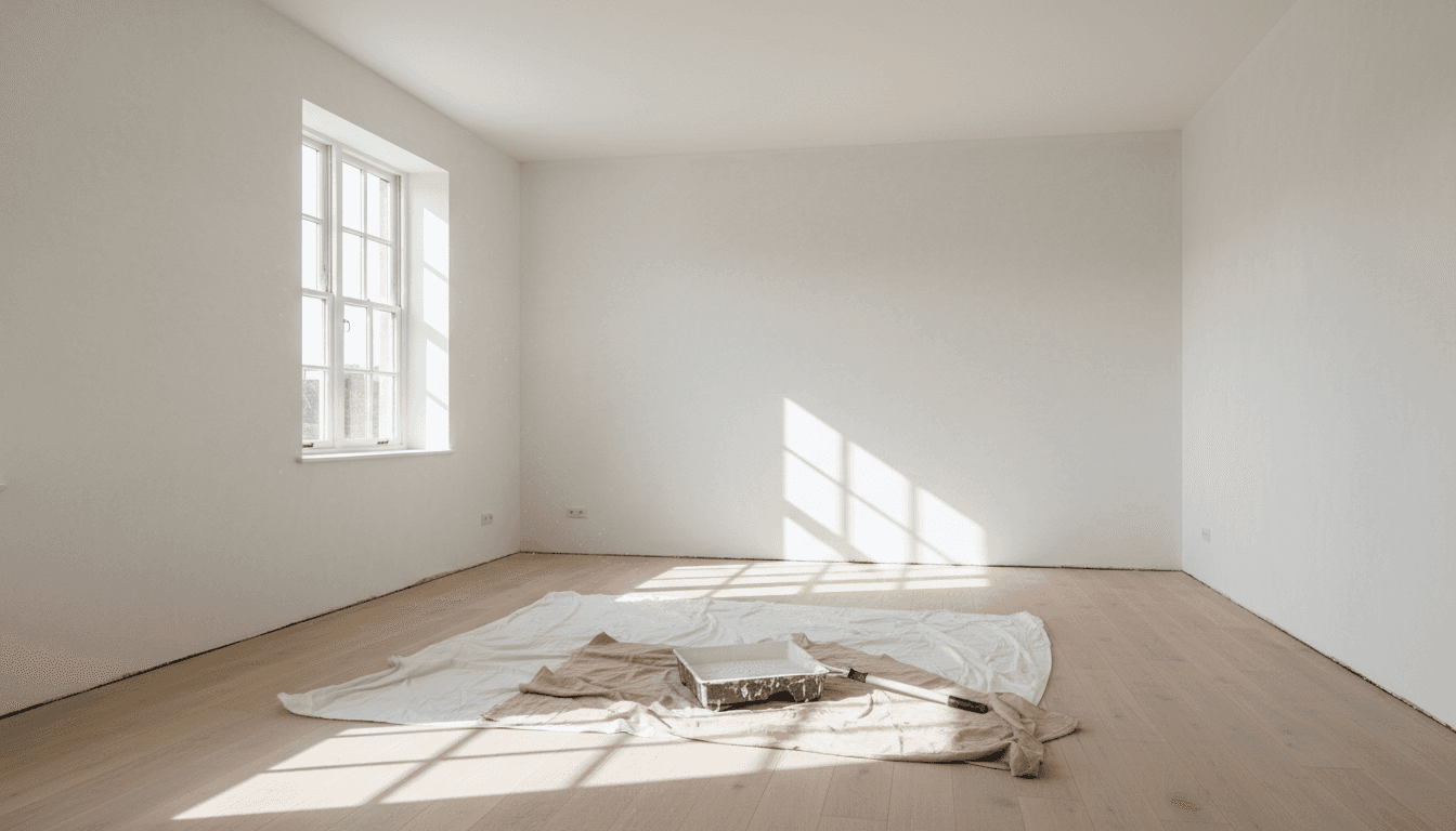 Freshly plastered and painted wall in a bright room