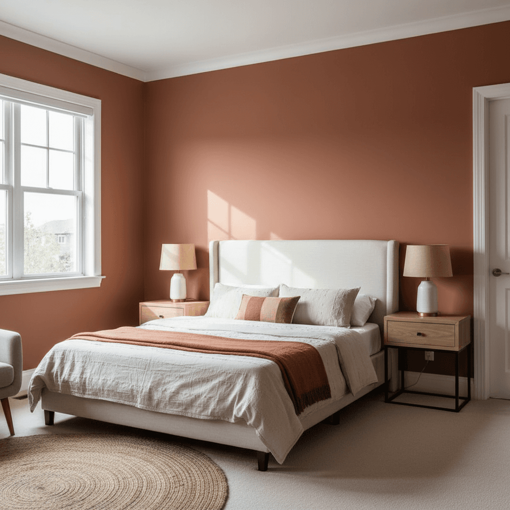 Finished painted bedroom wall in warm color palette, Sheringham