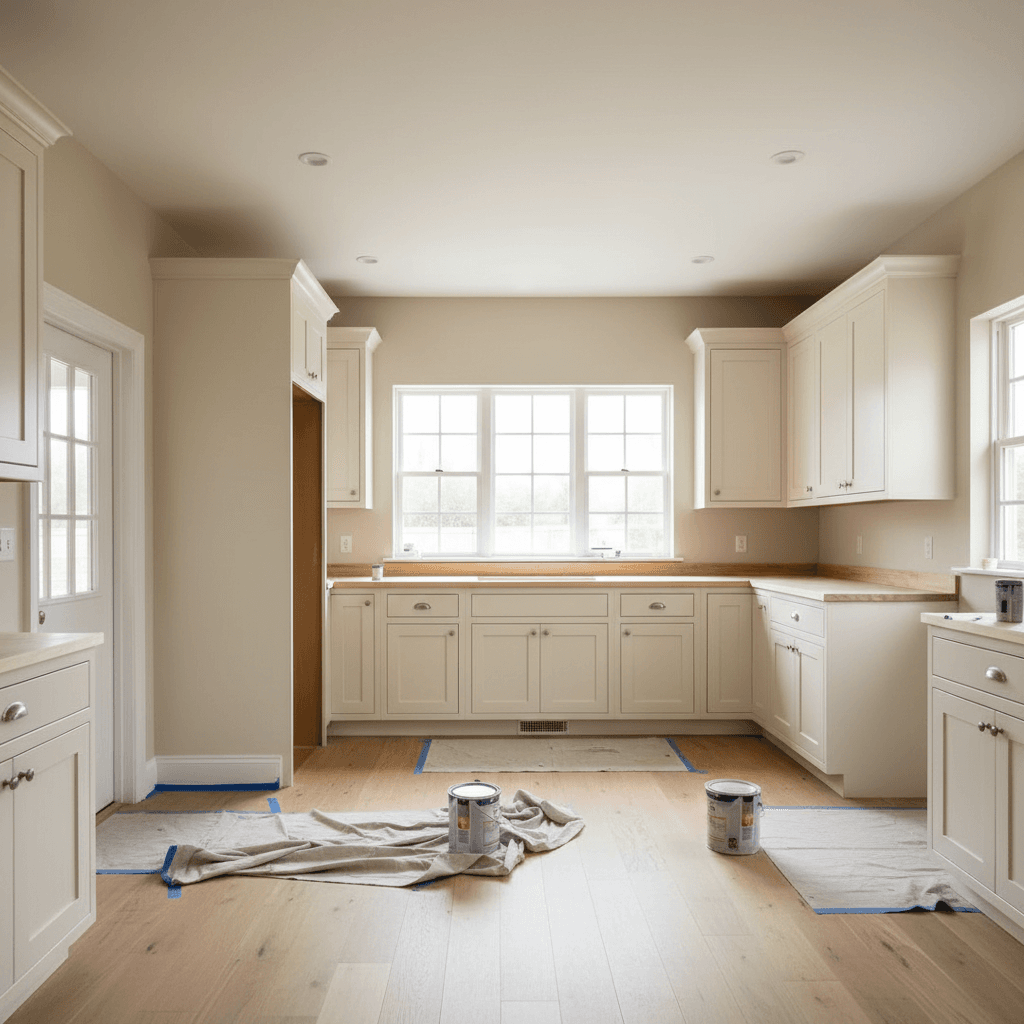 Kitchen interior showcasing fresh paint and decorative work on walls and cabinetry
