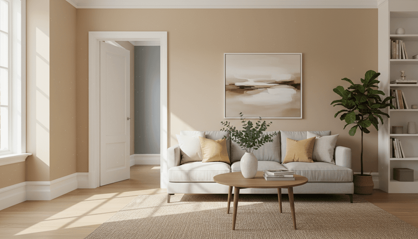 Newly painted interior room with fresh neutral wall color and white trim