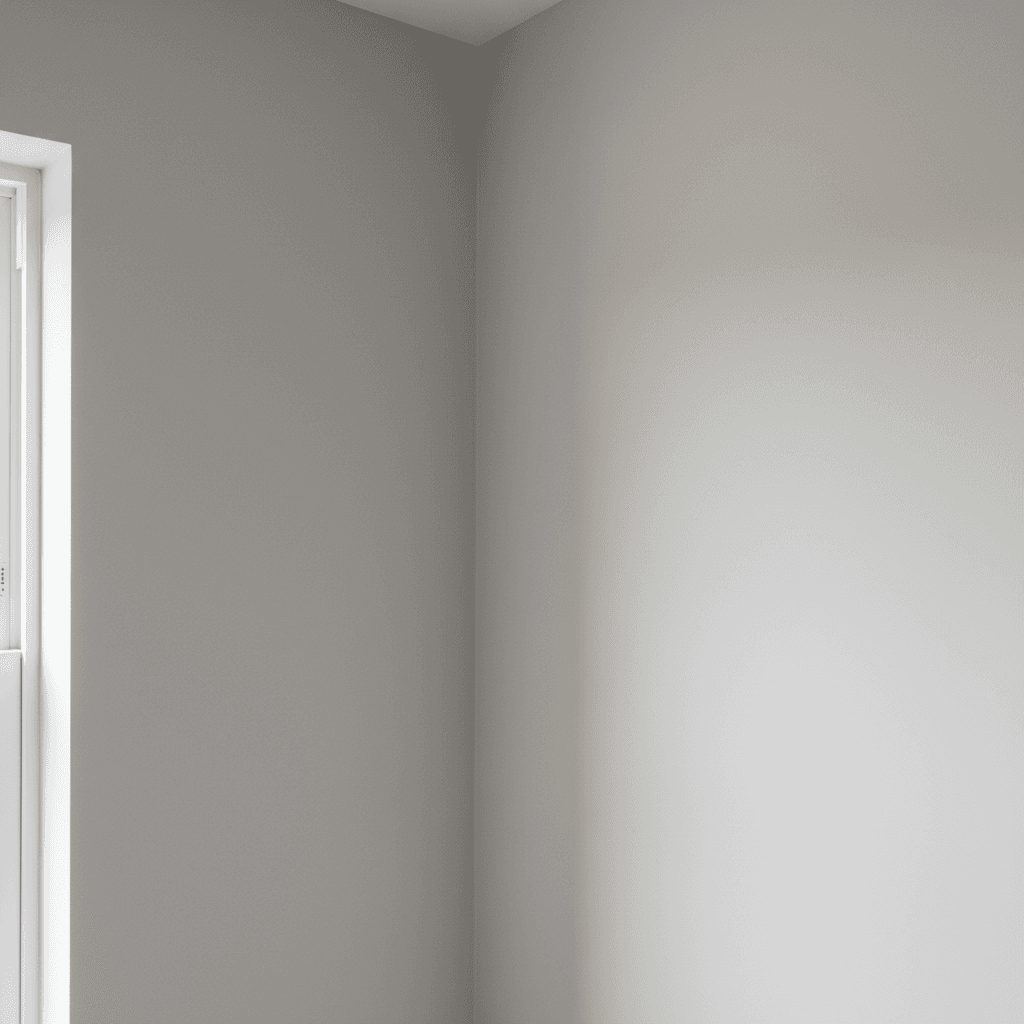 Freshly re-skimmed wall with a sharp corner painted in a neutral tone