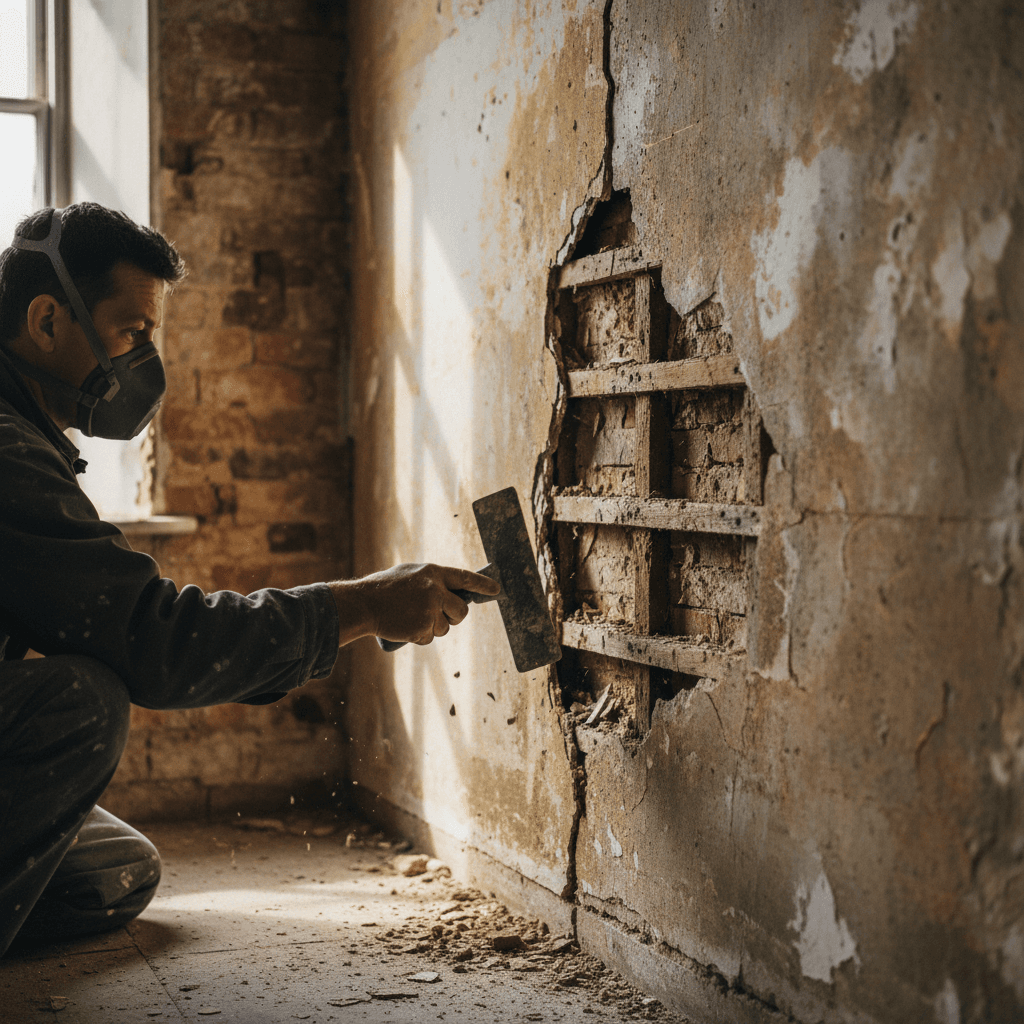 Removing loose plaster around a larger crack to prepare for re-plastering