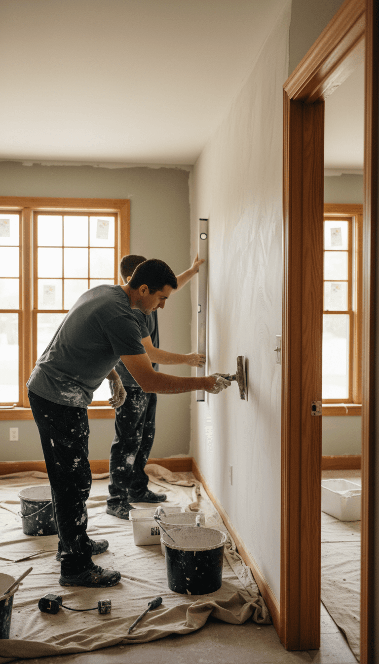 Norfolk Plaster team members working on plastering and finishing a residential wall