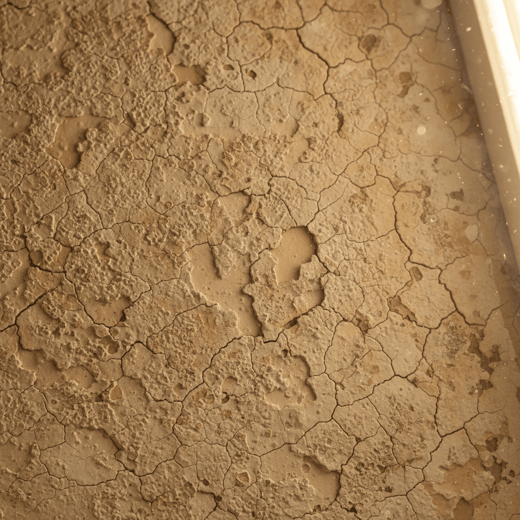 Close-up of an aged plaster ceiling with fine hairline cracks and rough texture illuminated by soft daylight