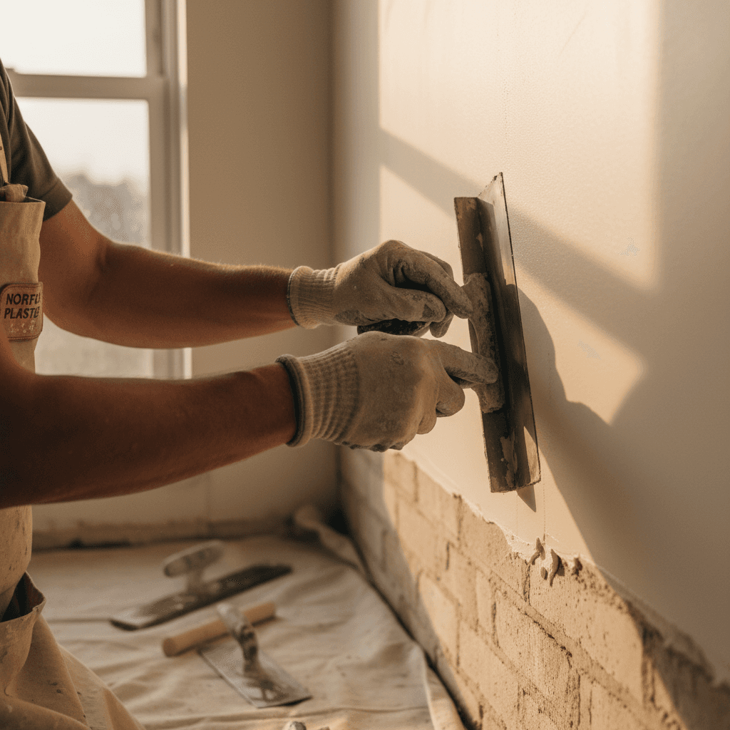 Plasterer applying plaster finish to interior wall