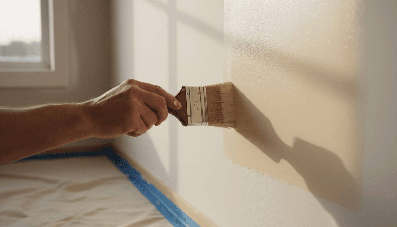 Professional painter applying fresh paint to an interior wall with careful technique