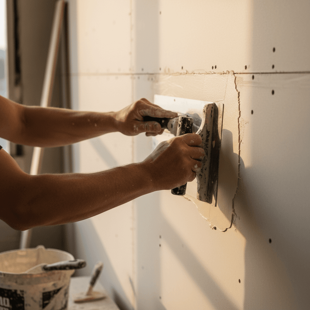 Plasterer applying joint compound to plasterboard seams
