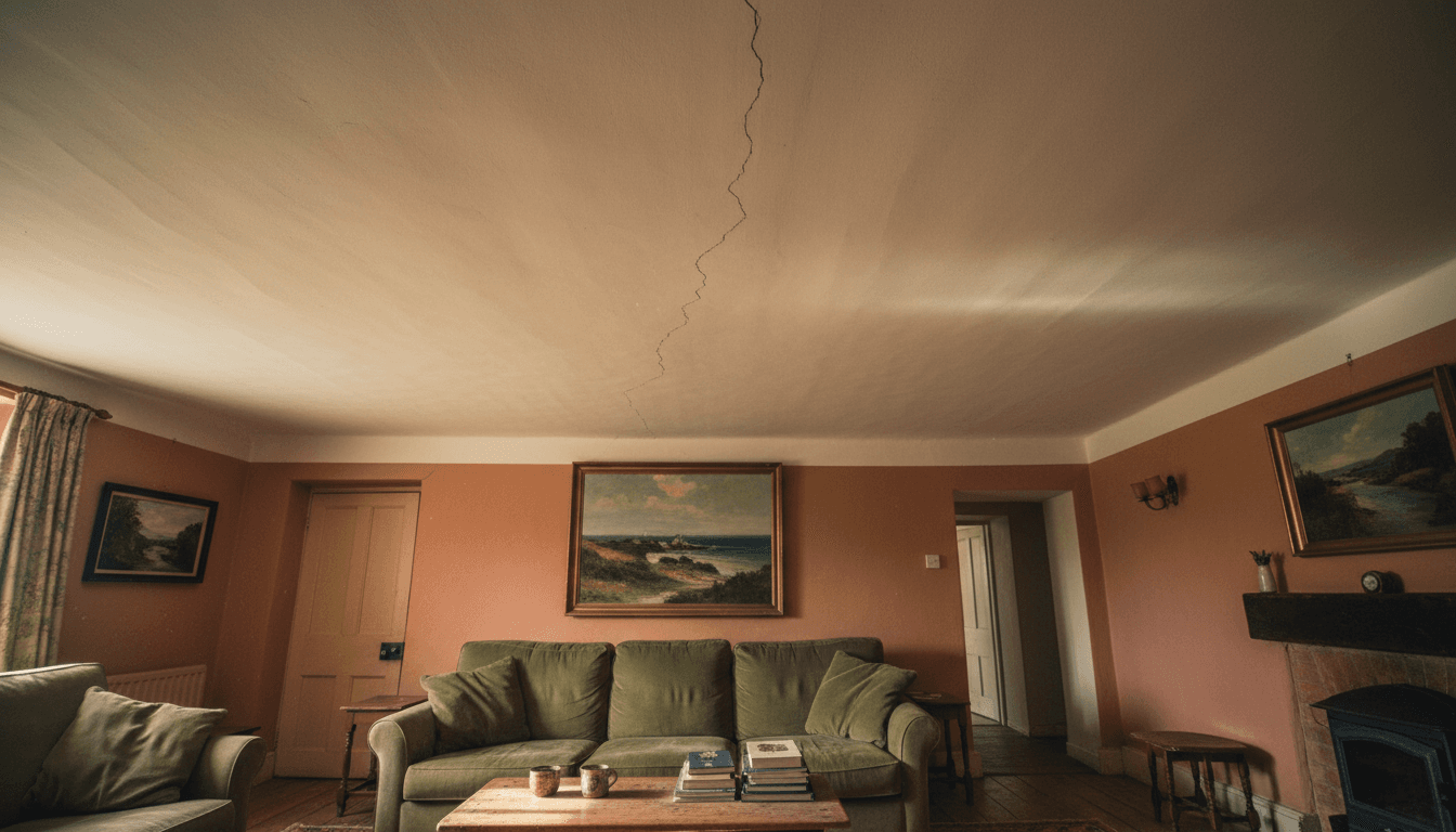 Living room ceiling with visible hairline crack in an older home