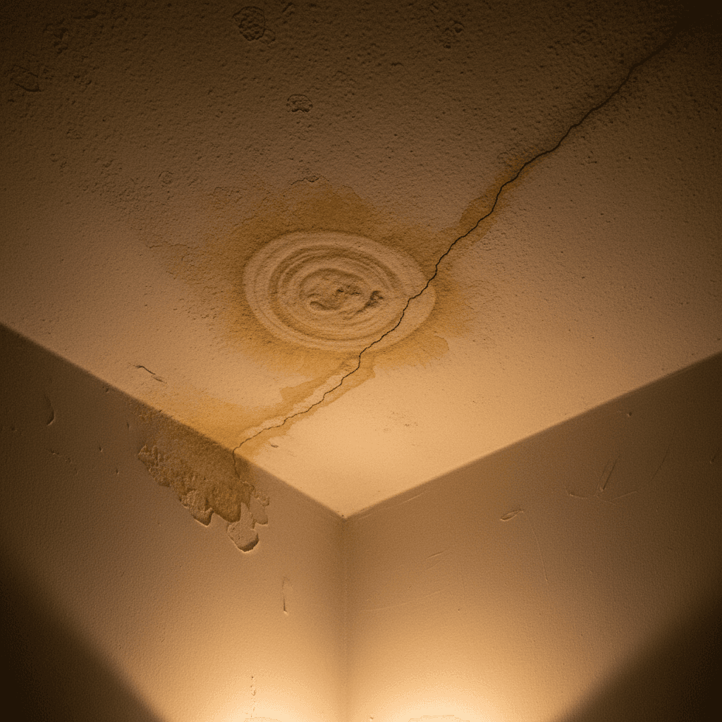 Ceiling corner with light water staining and a long crack in the plaster radiating from the stain