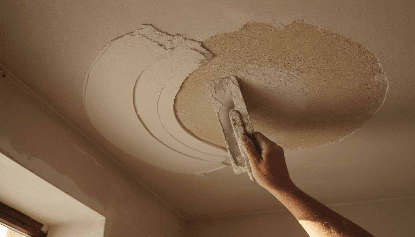 Close up of a plasterer repairing a crack in a ceiling with a putty knife