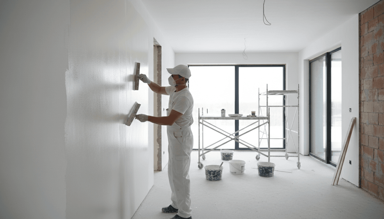 Professional plasterer smoothing fresh plaster on interior wall with trowel