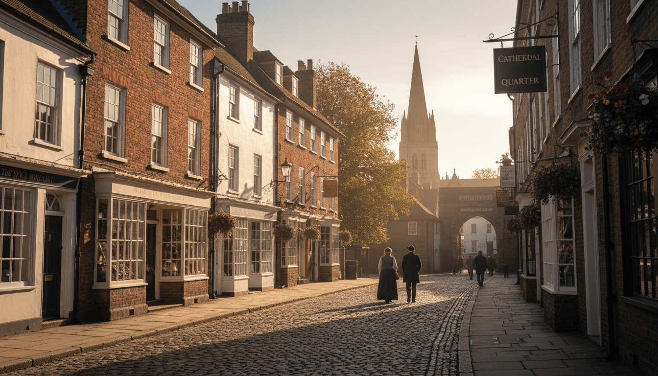 Norwich historic street with Georgian buildings and natural sunlight