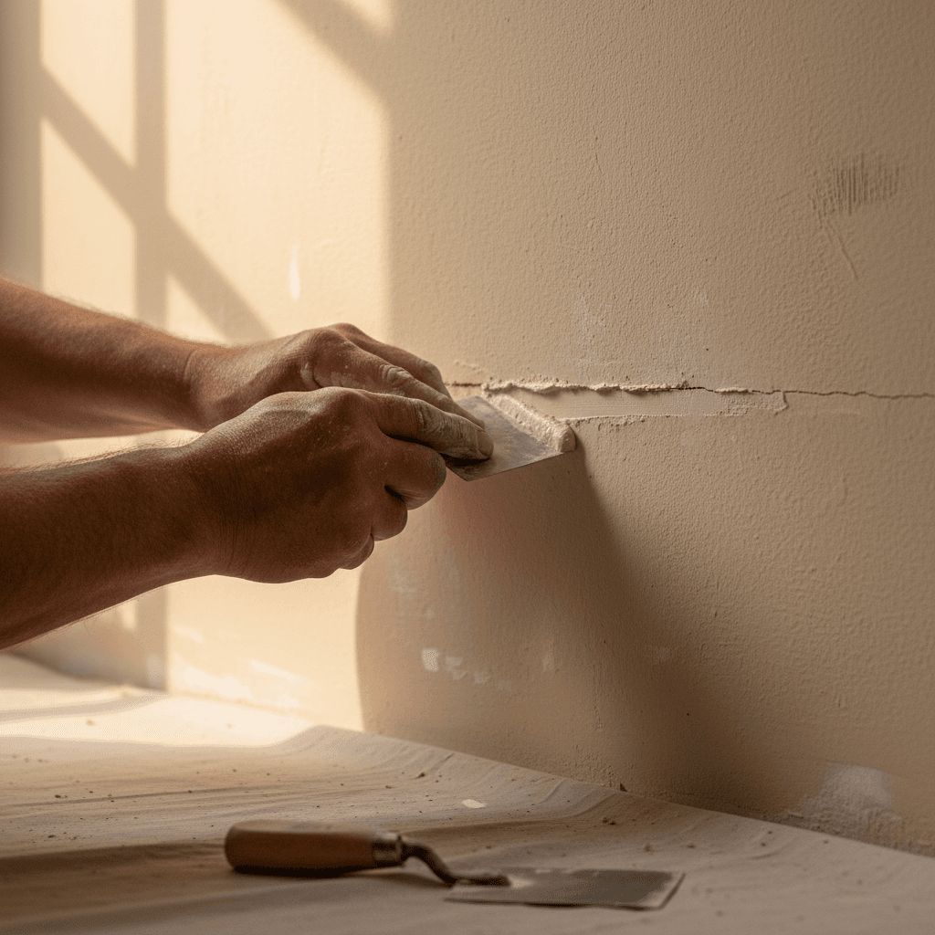 Plasterer's hands applying compound to a wall crack