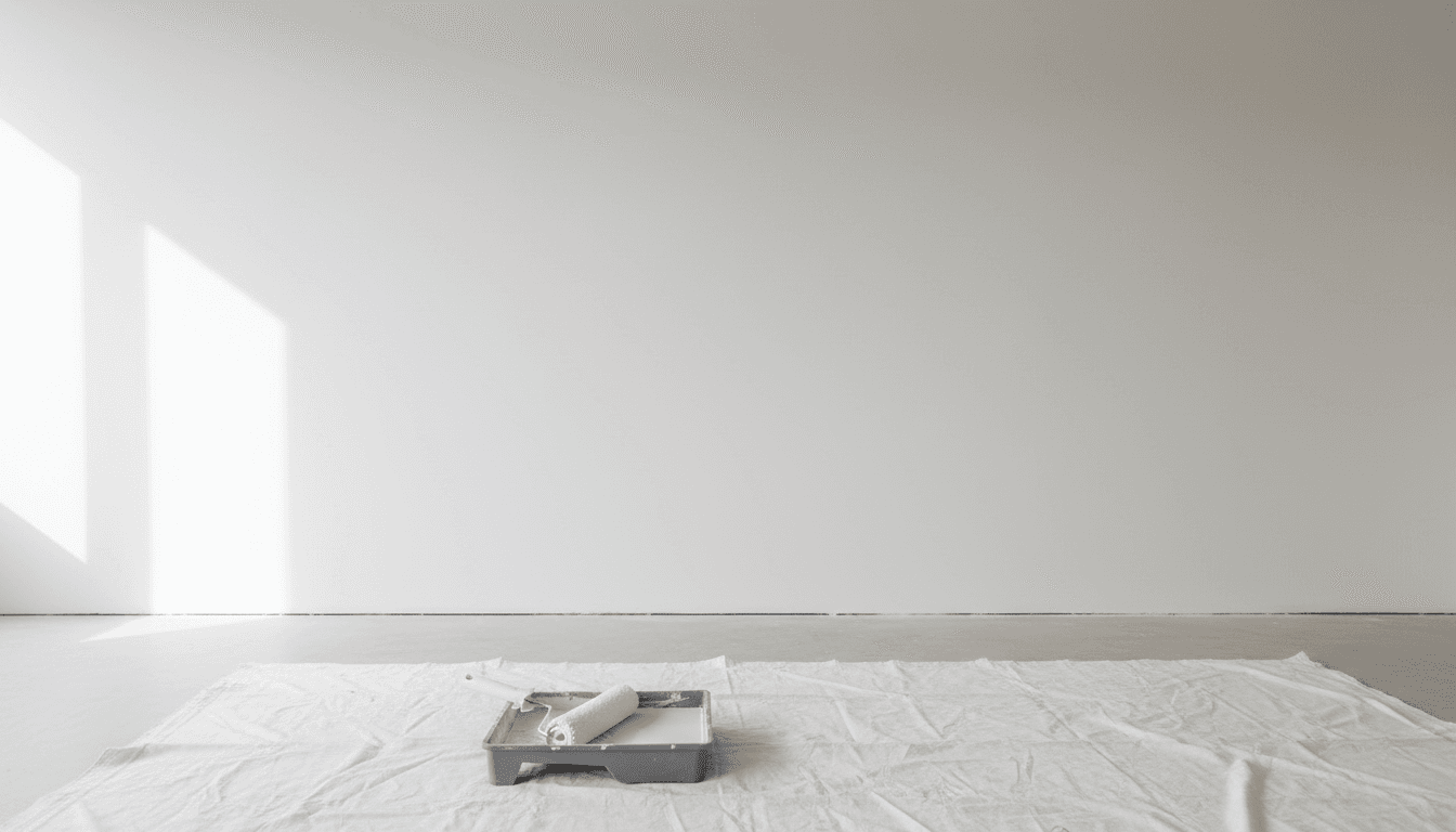 Freshly skimmed plaster wall in a bright room