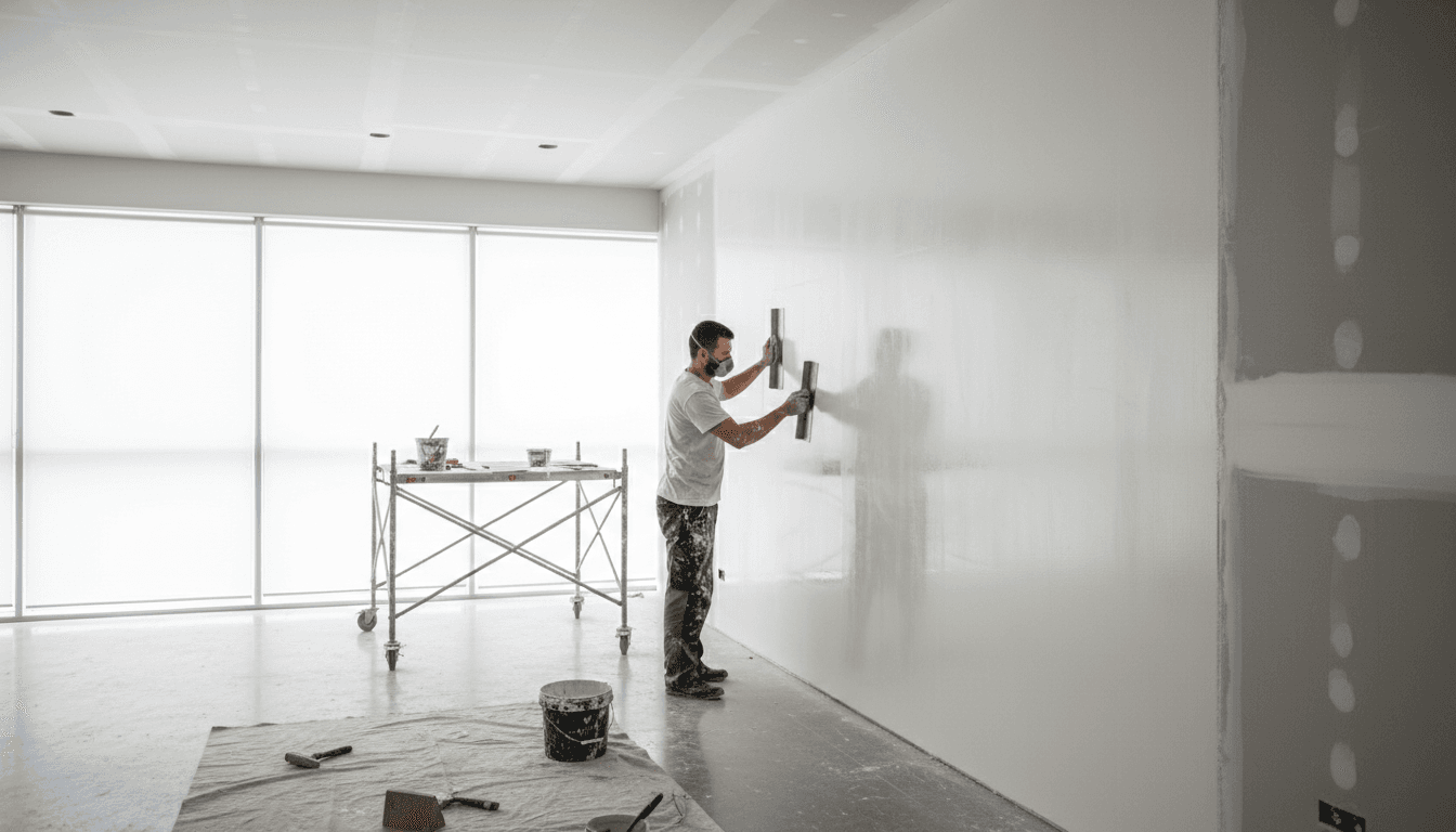 Plasterer applying smooth finish to an interior wall with a trowel