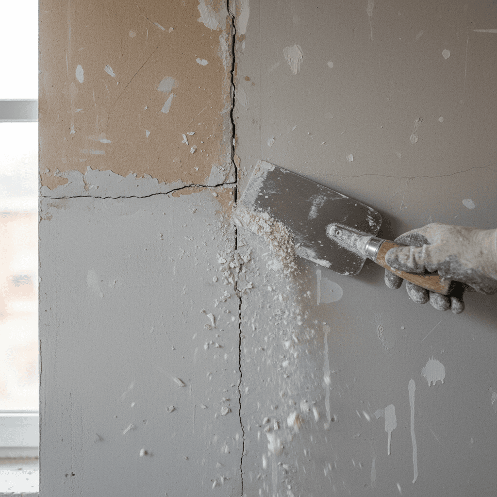 Plasterer's trowel preparing a crack on a plasterboard wall with natural daylight