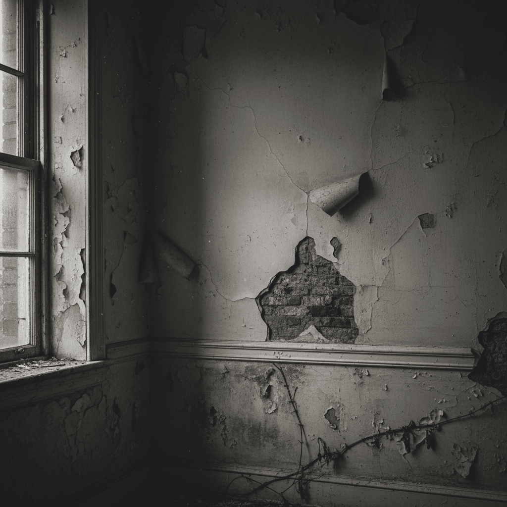 Corner of a room showing cracked and peeling plaster near damp baseboard