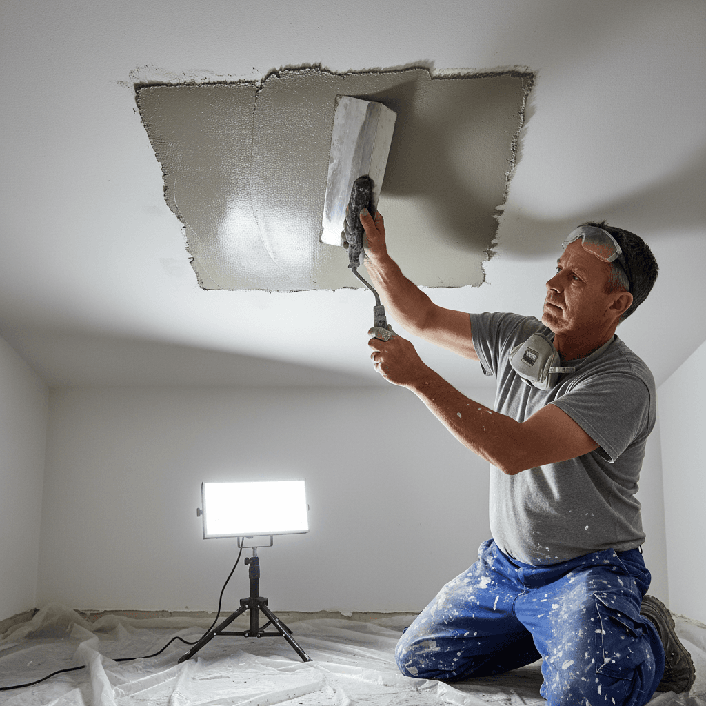 Plasterer applying smooth final coat to a repaired ceiling section