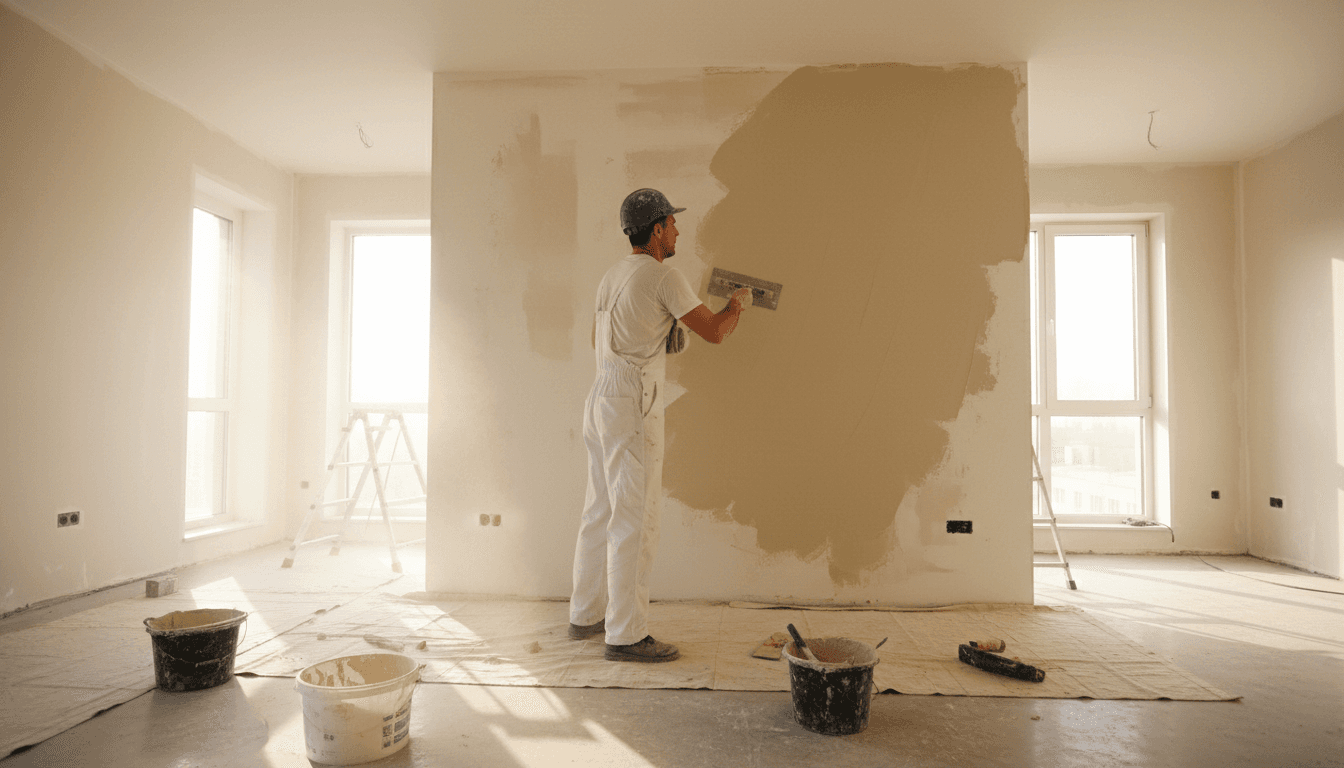 Professional plasterer finishing interior wall with precision trowel work
