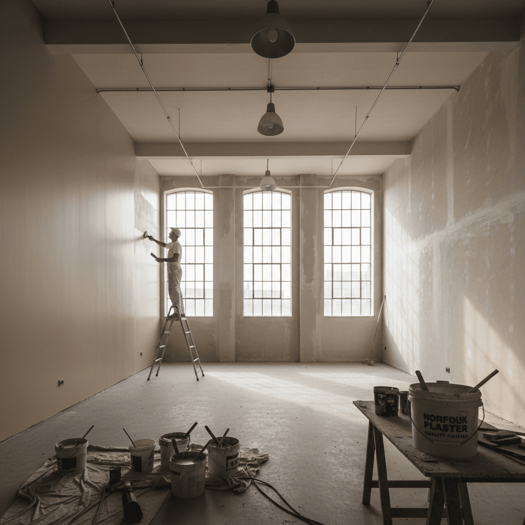 Professional painter applying finishing coat to decorated interior room