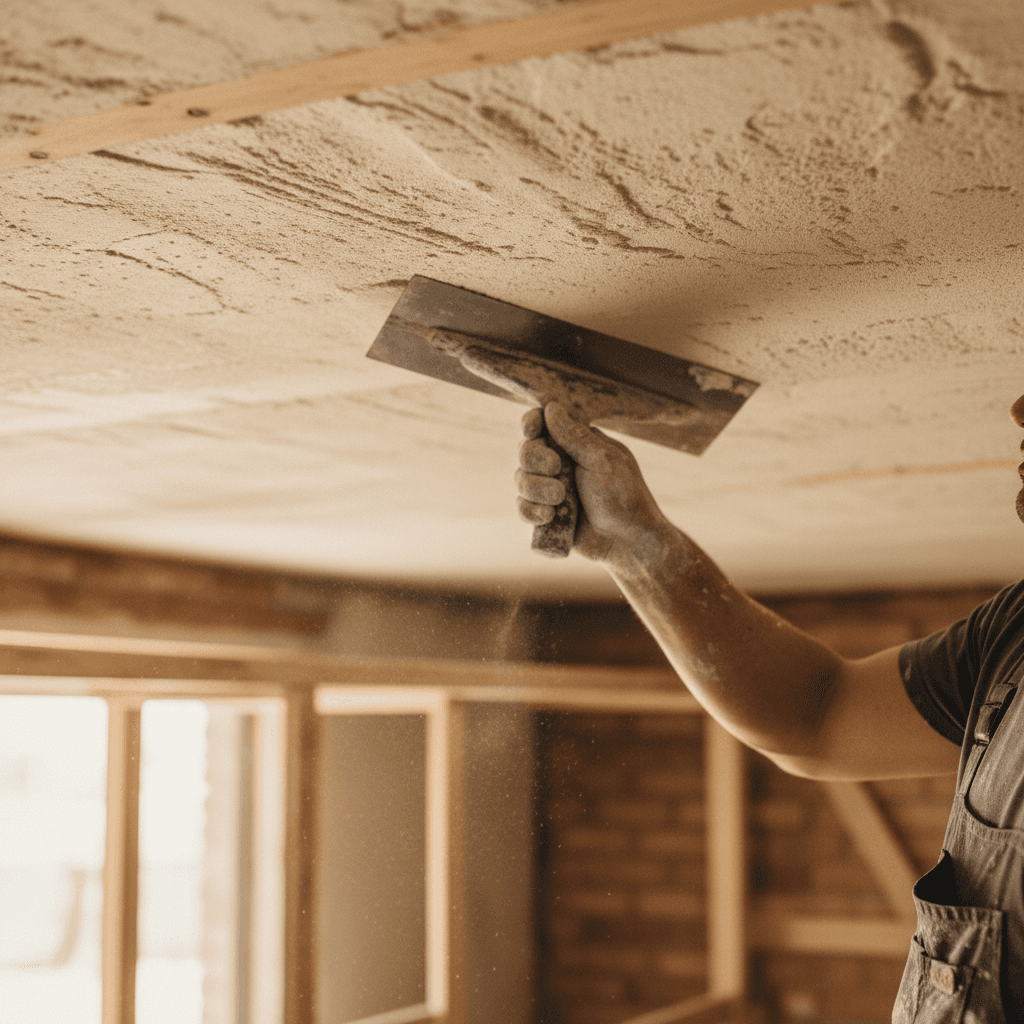Plasterer's hand tapping a cracked ceiling surface with a tool to test for hollow or delaminated areas