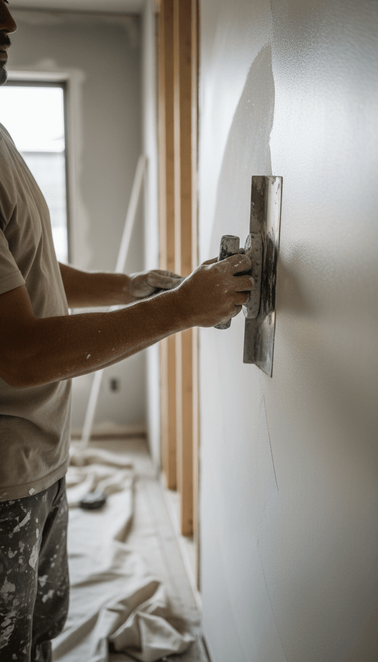 Plasterer applying plaster finish to wall in Thornham home