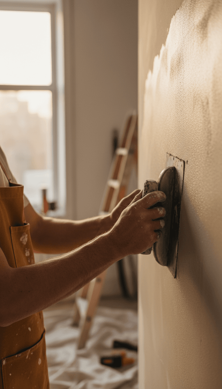 Plasterer smoothing fresh plaster with a trowel on an interior wall