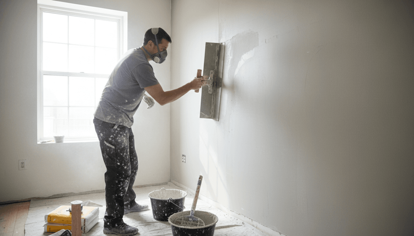 Professional plasterer applying fresh plaster to interior wall