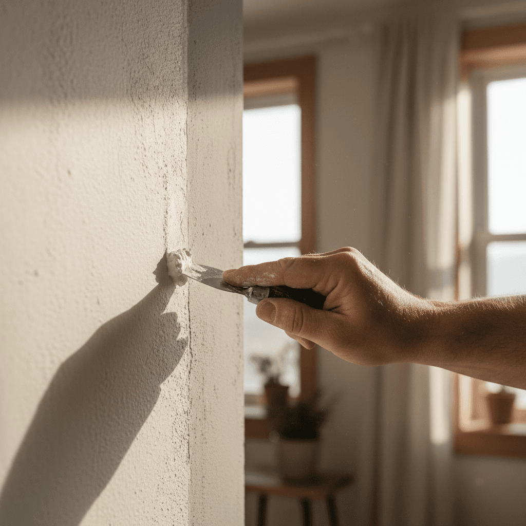 Plasterer applying filler to a hairline crack with a filling knife
