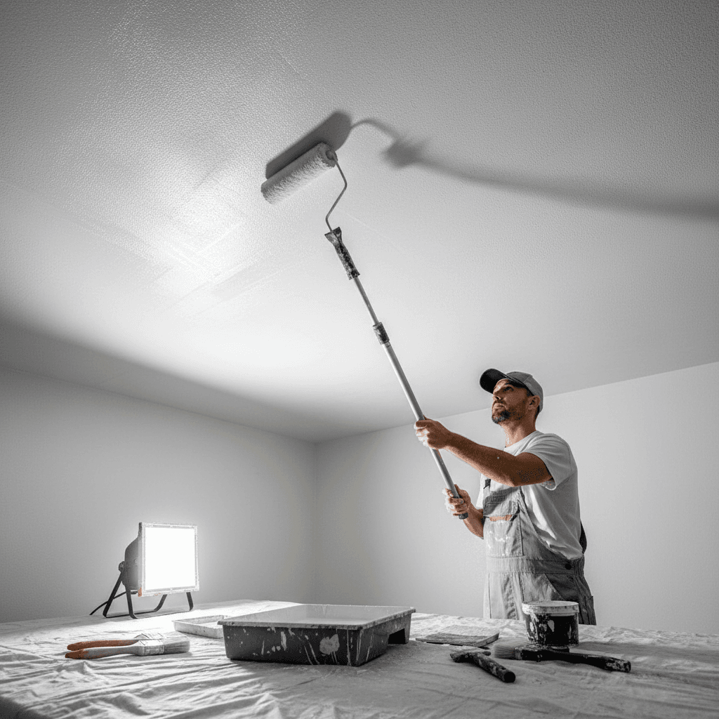 Professional painter applying ceiling paint with extension roller