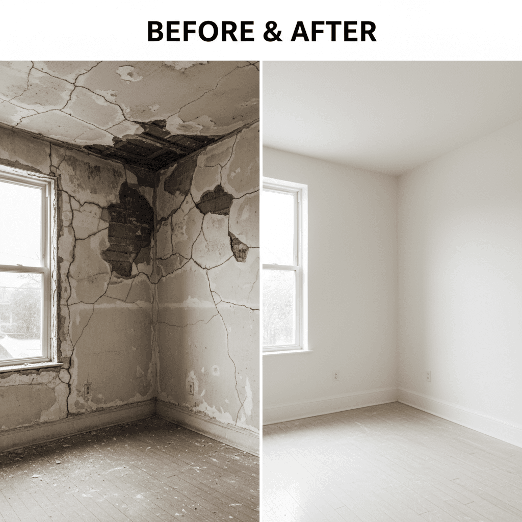 Before-and-after comparison of plastering repair work
