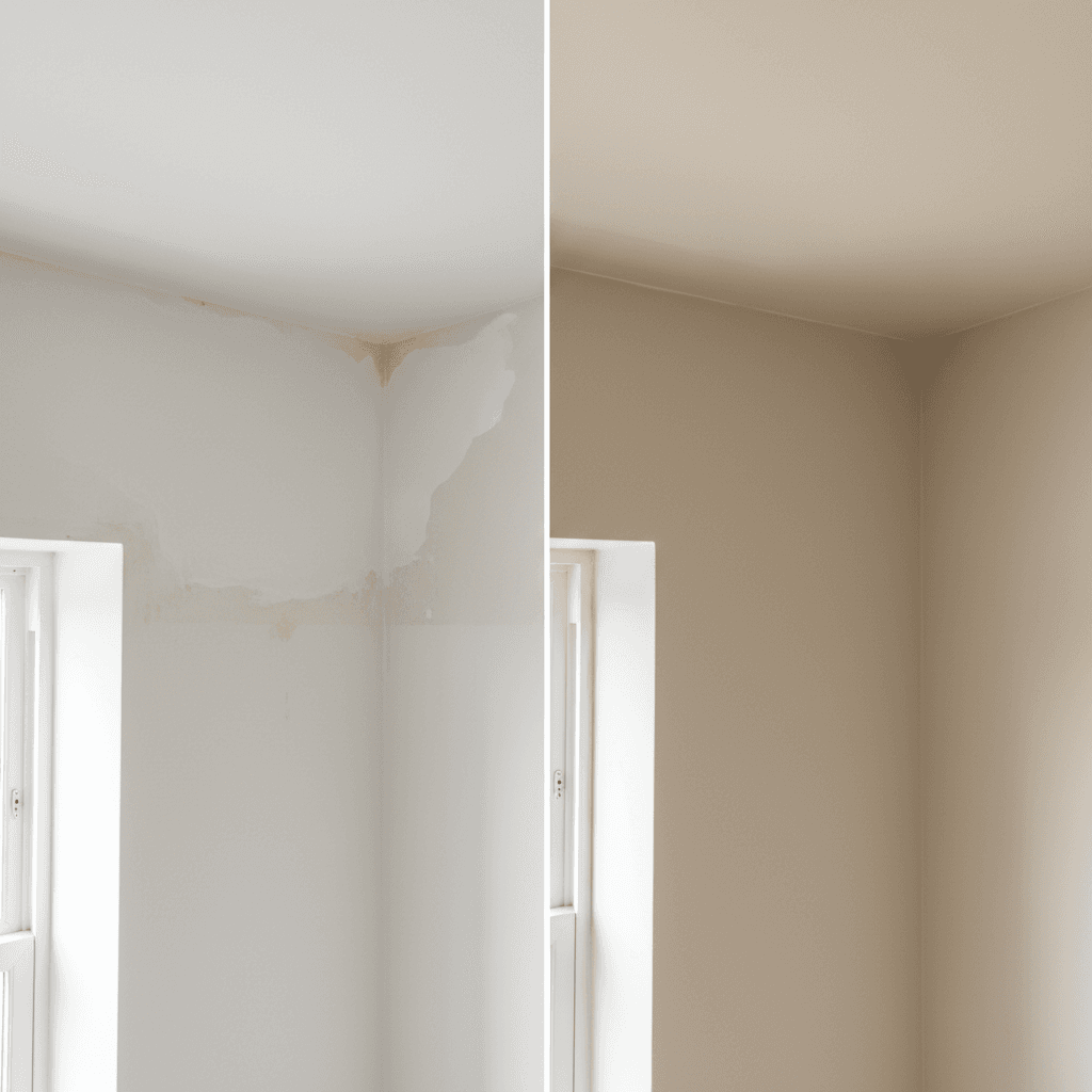 Repaired ceiling corner blending seamlessly with painted wall