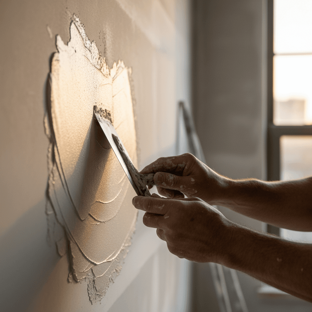 Skilled plasterer applying finish coat with precision trowel work