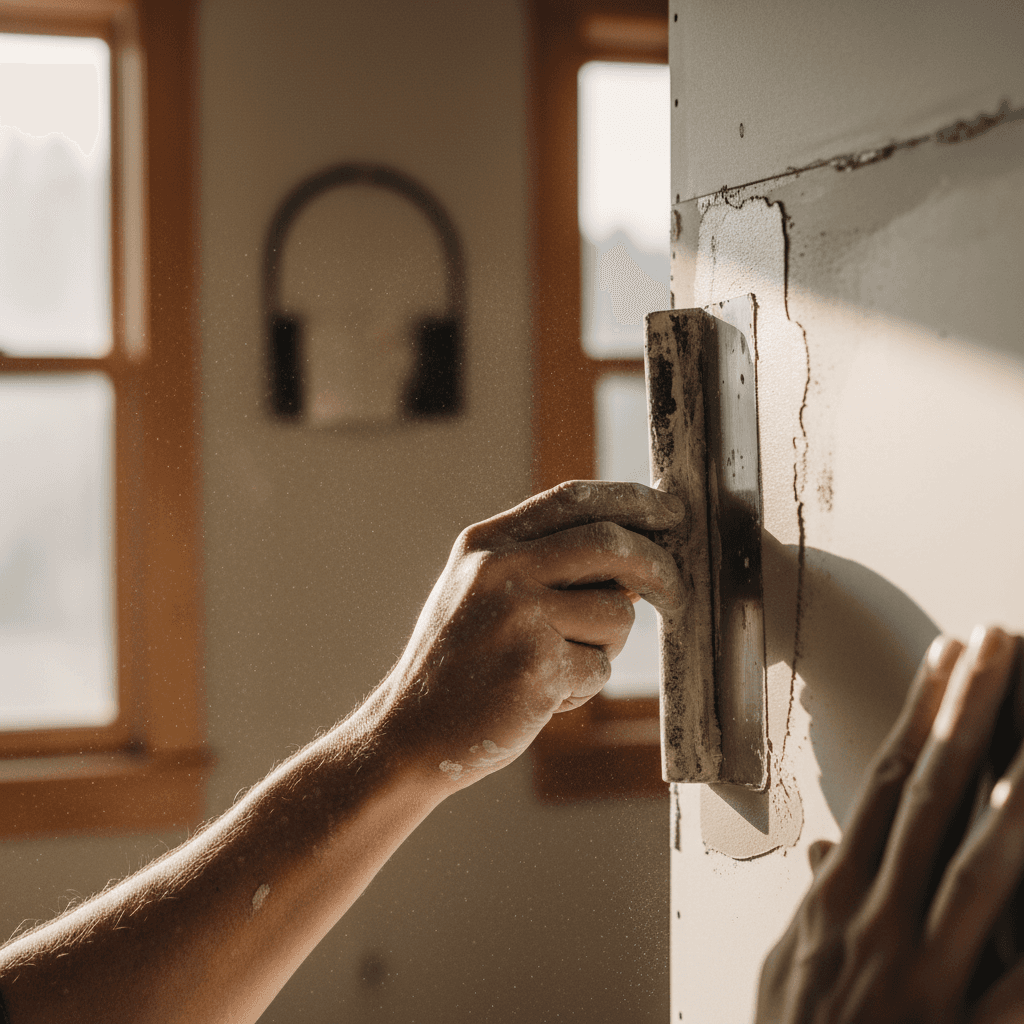 Plasterer applying finishing compound to interior wall