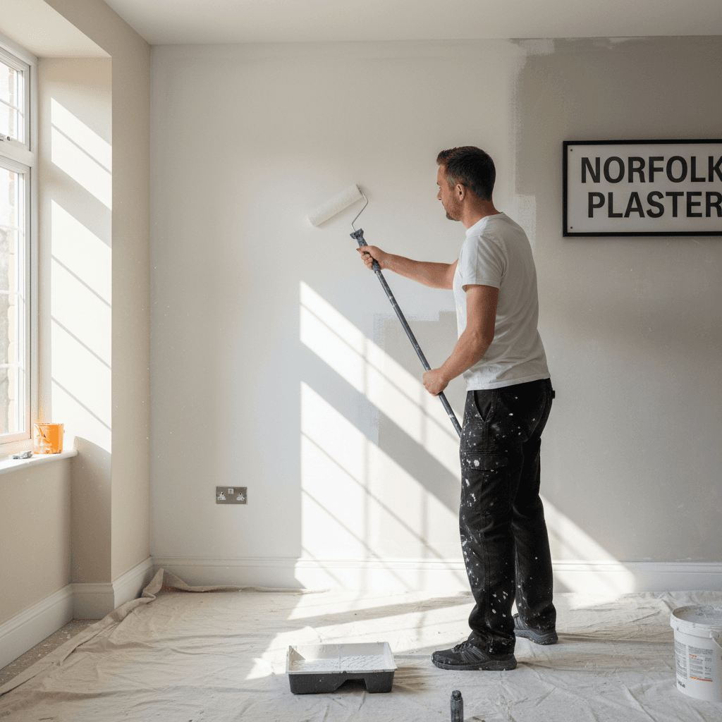 Painter in black trousers and white T-shirt applying paint to a wall