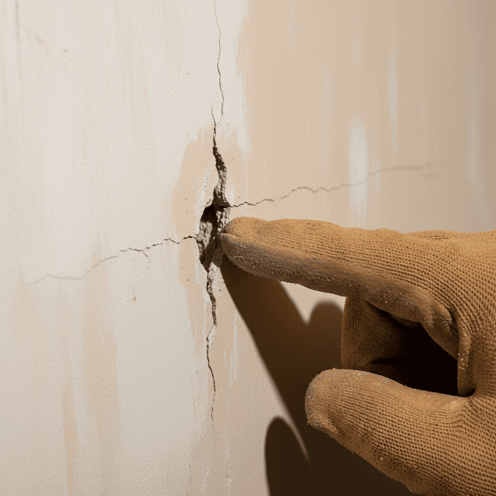 Gloved hand inspecting a fine crack in a plaster wall under bright direct light