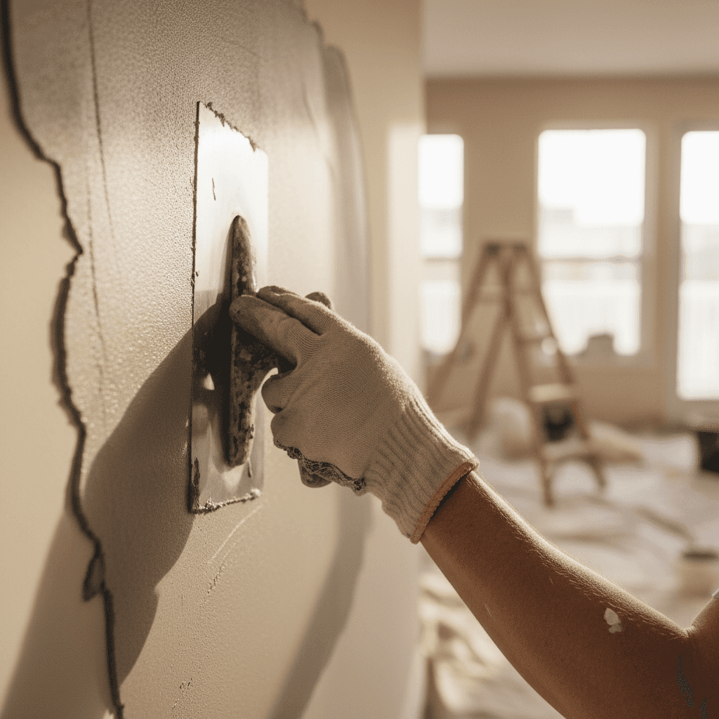 Plasterer smoothing plaster on interior wall