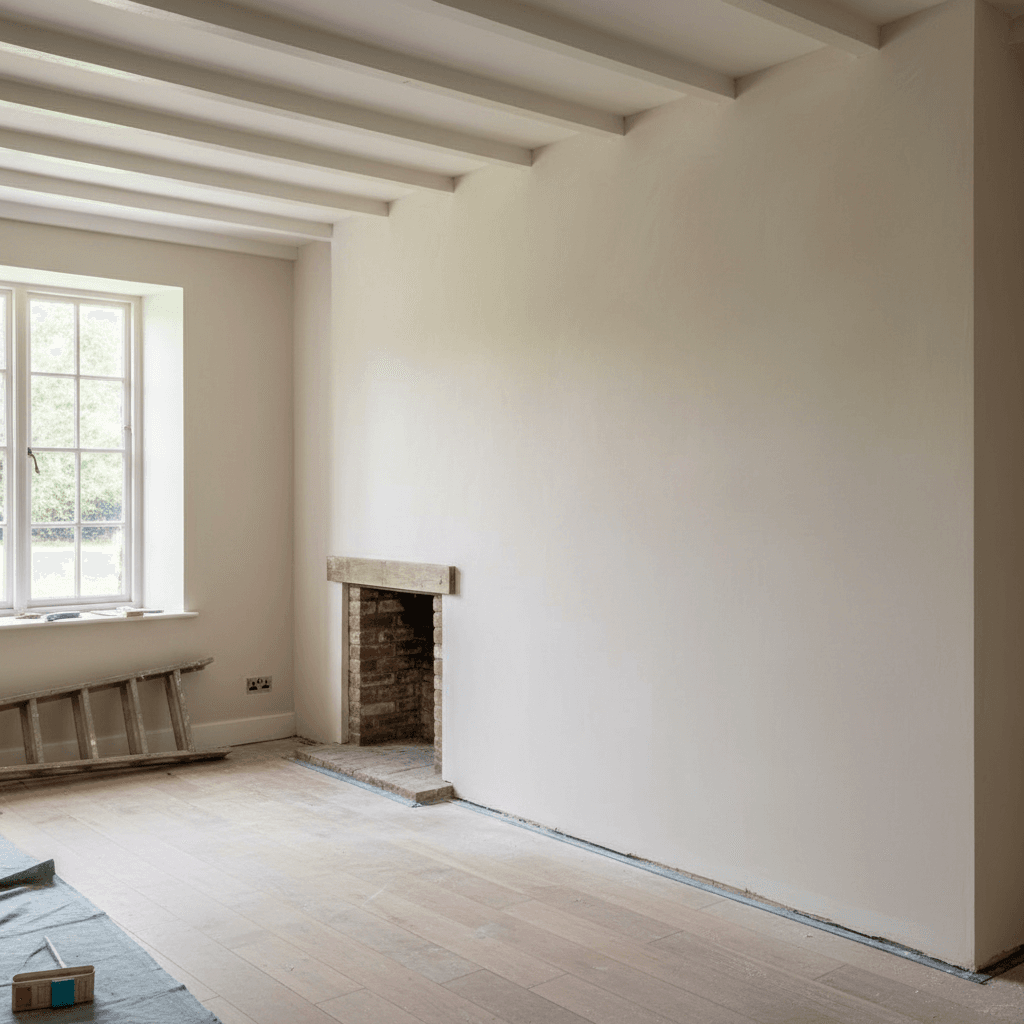 Freshly skimmed living room wall in a Norfolk cottage