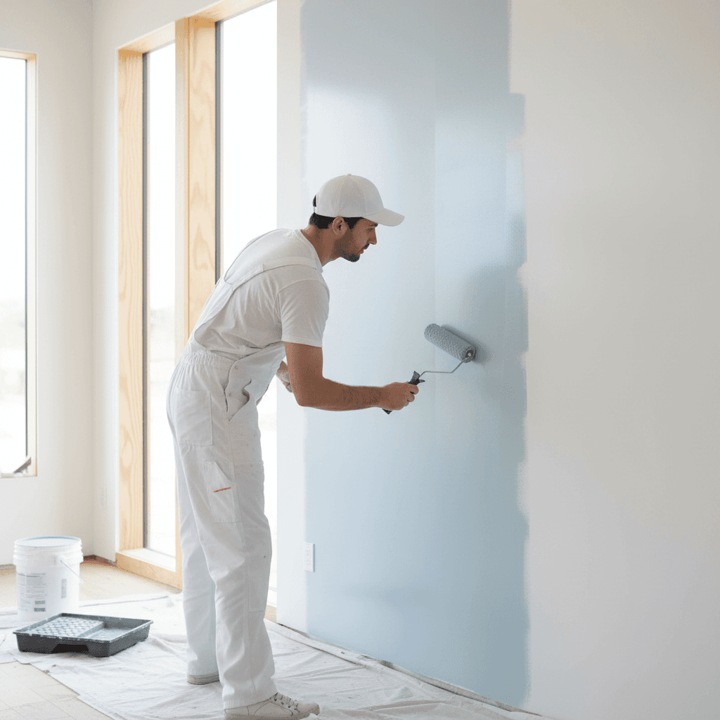 Painter applying finish coat to interior wall with professional roller