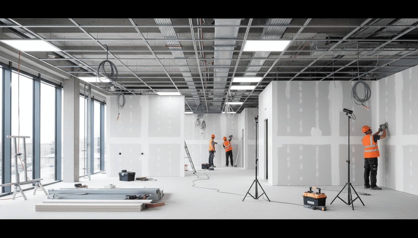 Commercial interior renovation showing installed plasterboard walls and suspended ceiling systems with workers completing fit-out
