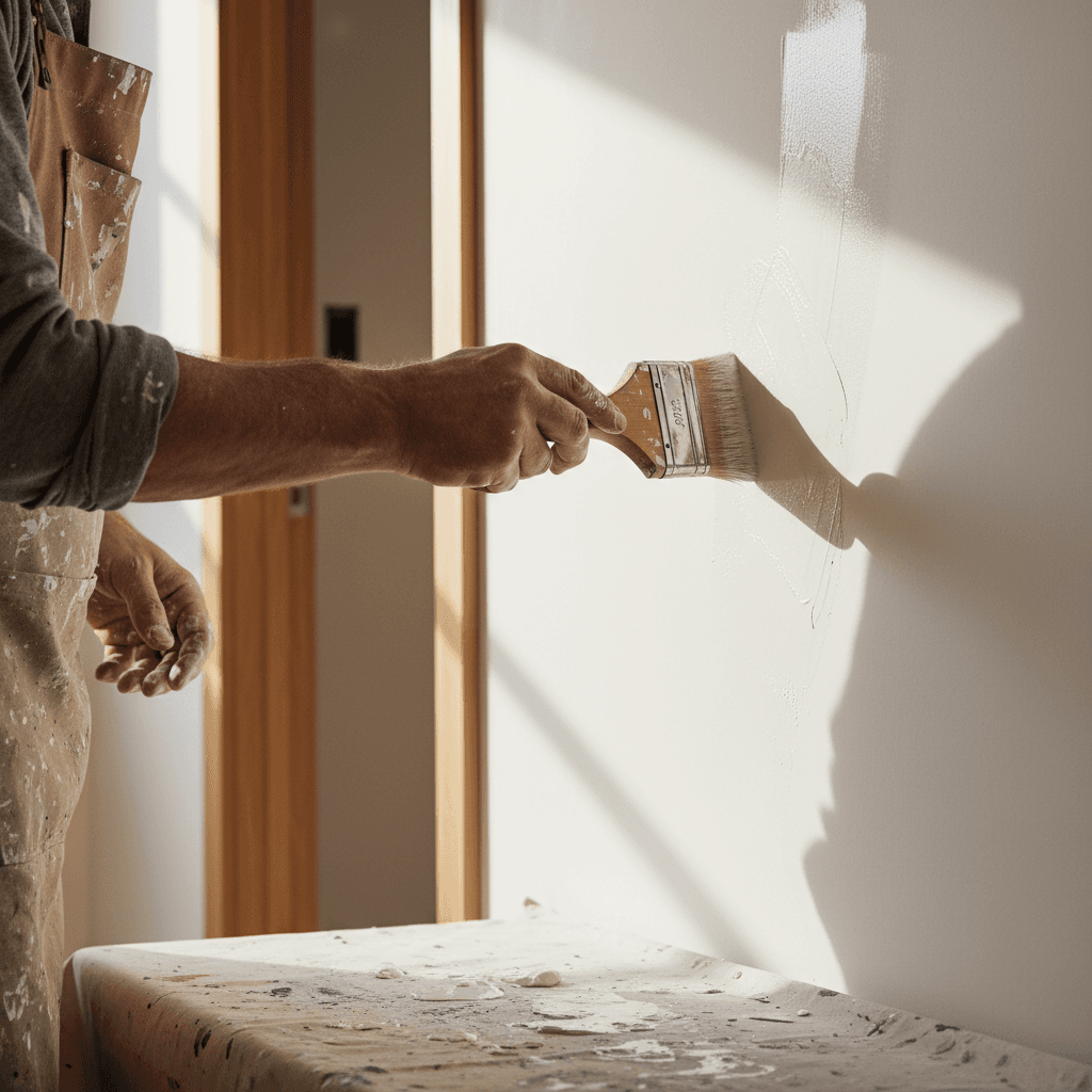 Professional decorator applying final paint finish to freshly plastered residential interior