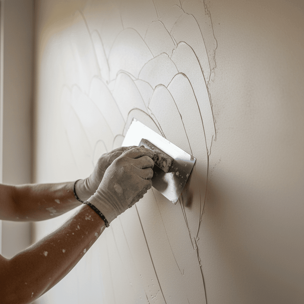 Professional plasterer applying smooth plaster finish to interior wall
